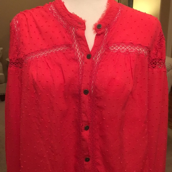 Free People coral red buttondown blouse in large. - Picture 2 of 8